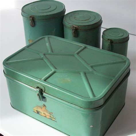 Vintage Tin Kitchen Canister Set With Matching Breadbox