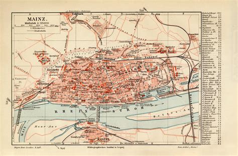 Mainz historischer Stadtplan Karte Lithographie ca. 1905 - Archiv his