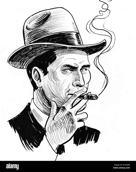 Un Gangster De Fumar Cigarro Dibujo En Blanco Y Negro De Tinta