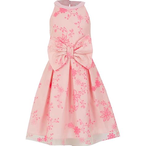 Girls Pink Embroidered Bow Prom Dress River Island