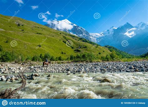 Svaneti Landscape With Mountains And River On The Trekking And Hiking
