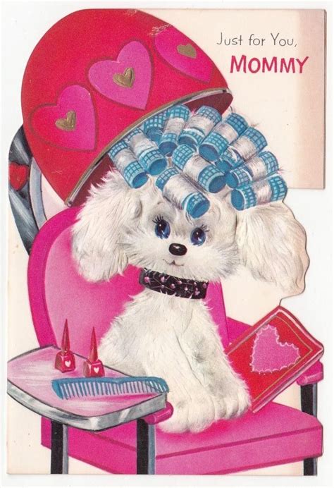 Vintage Greeting Card Valentine Cute Dog Poodle Beauty Salon Dryer