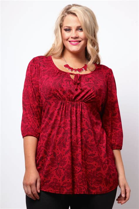 Deep Red Longline Top With Allover Black Lace Print Plus Size 161820