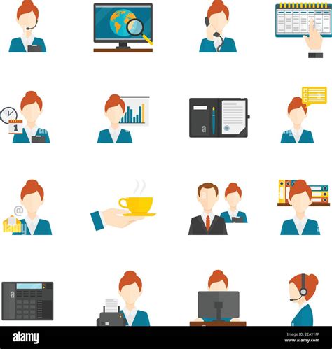 Personal Assistant Secretary And Reception Flat Icons Set Isolated Vector Illustration Stock