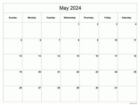 Printable May 2024 Calendar Classic Blank Sheet 2024 Calendar Printable