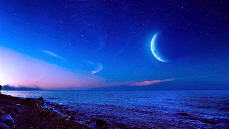 1080p Moonlit Sea Half Moon Seascape Stars Moonlight Moon Night