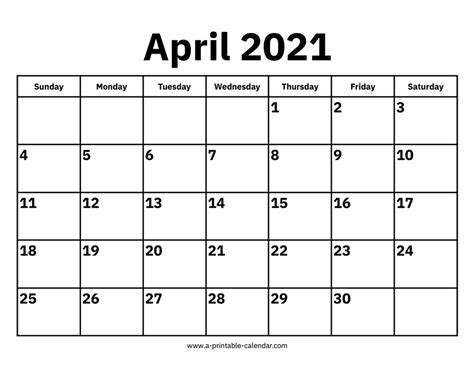 April 2021 Calendar A Printable Calendar