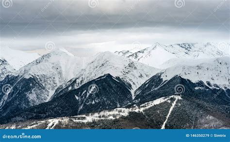 Awesome View Of The Caucasus Mountains Covered By Snow In The Ski