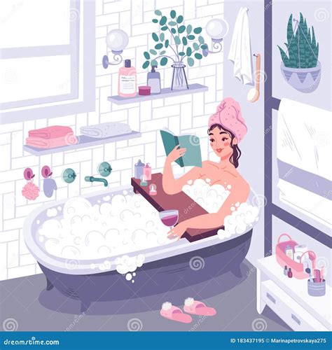 Cute Vector Illustration In Flat Cartoon Style With Girl Taking Bath