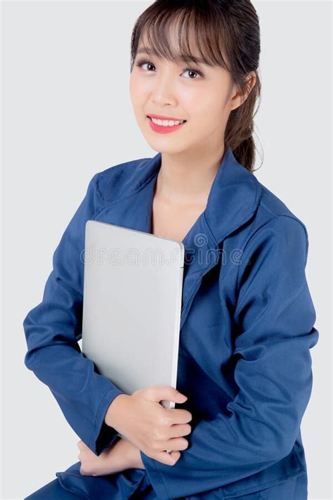 Beautiful Portrait Young Asian Business Woman Holding Laptop Computer