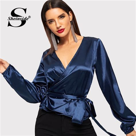 sheinside blue deep v neck wrap satin blouse women wrap top with belt 2019 ladies long sleeve