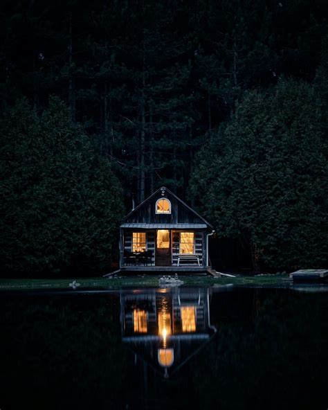 Isolated Lakeside Cabin Bekons At Night Lakeside Cabin Forest House