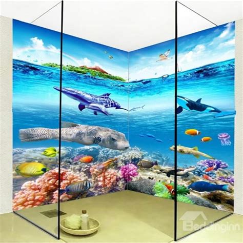 Blue Fishes And Dolphins Pattern Waterproof Splicing 3d Bathroom Wall