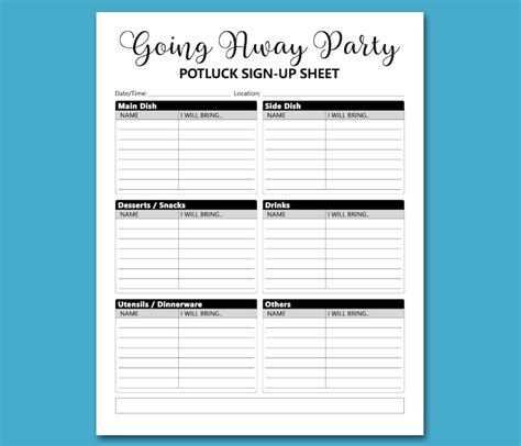 Going Away Party Potluck Sign Up Sheet Printable Signup Form Potluck