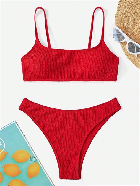 Shein Swim Summer Beach Ribbed Bikini Set Wireless Bra Top And Hipster Bikini Bottom 2 Piece