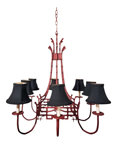Chippendale Style Red Tole Painted Faux Bamboo Pagoda Chandelier 8 Arm