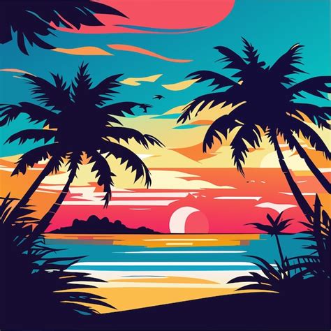 Premium Vector Tropical Beach Sunset Landscape With Colorful Glowing