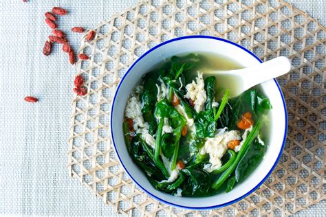 Add the spinach to the soup and puree. Egg Trio Soup With Spinach : Spinach Soup With Poached Egg Stock Photo - Image of lunch ...