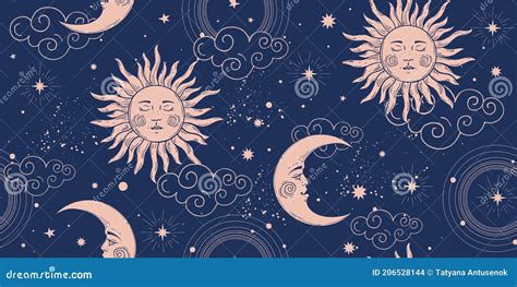 Seamless Cosmic Pattern With Sun And Crescent Moon Vintage Background