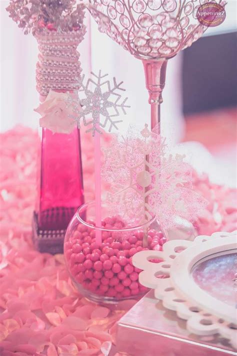 Pink Centerpieces At A Winter Wonderland Birthday Party See More Party