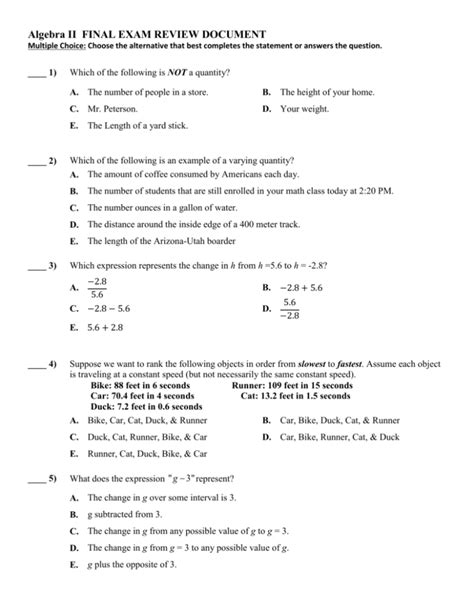 Algebra Ii Final Exam Review Document