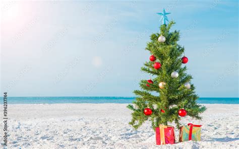 Christmas Tree On The Beach T Boxes On Sand Beach Shore Decorated