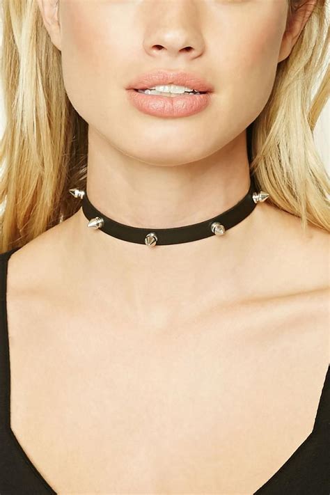 Forever21 Black And Silver Faux Leather Spike Choker Chokers Fashion