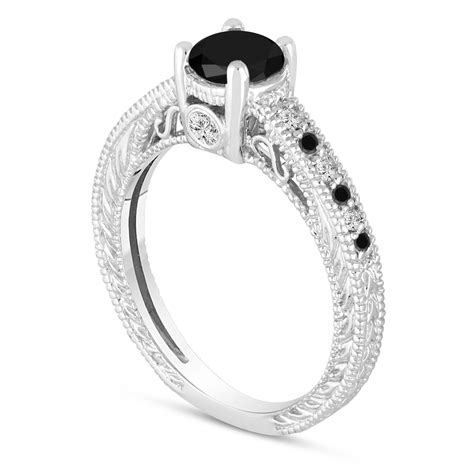 Natural Black Diamond Engagement Ring 14k White Gold Vintage Antique