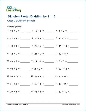 Sign me up for updates relevant to my child's grade. Grade 3 math worksheet - Division facts: dividing by 1-12 | K5 Learning