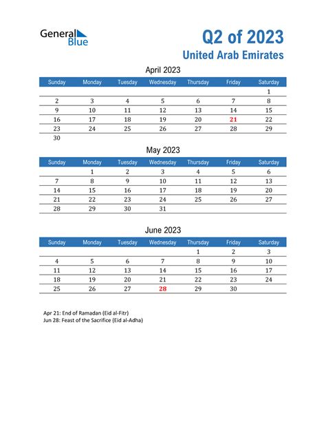 Q2 2023 Quarterly Calendar With United Arab Emirates Holidays