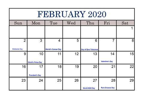 February Calendar 2020 With Holidays Holiday Calendar February