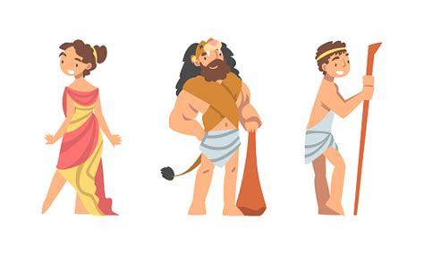 Set Of Ancient Greek People In Traditional Clothes Cartoon Vector