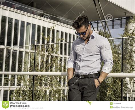One Handsome Young Man In City Setting Stock Photo Image Of Blue