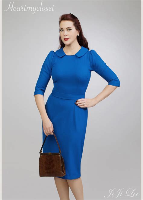 kate blue blue wiggle dress with slight puff sleeves heartmycloset