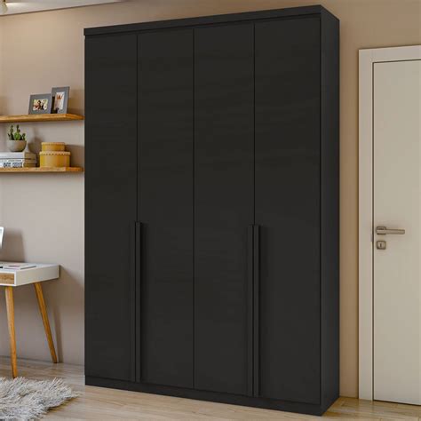 Guarda Roupa Solteiro Alonzo 4 Portas 2 Gavetas 100 Mdf Preto Fosco