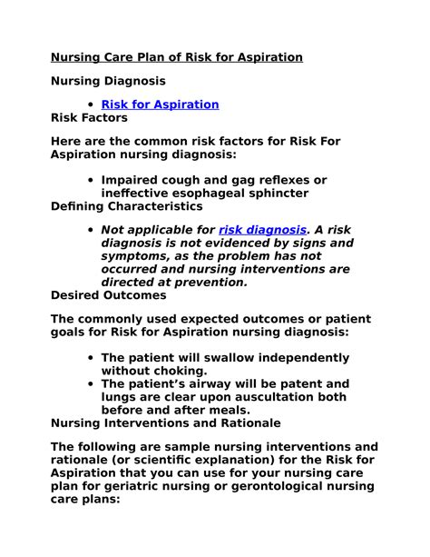 Nursing Care Plan Of Risk For Aspiration A Risk Diagnosis Is Not