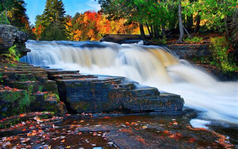 River Waterfall Fall Rocks Trees Landscape Autumn G