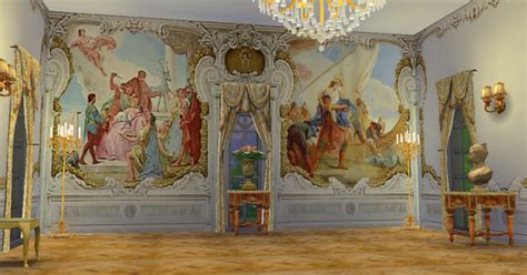 An Ornate Room With Paintings On The Walls And Chandelier Hanging From