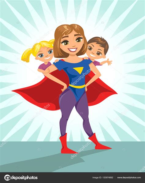 Fotos: super mamas | Súper héroe, Súper mamá. Madre super sonriente feliz con sus hijos — Vector 