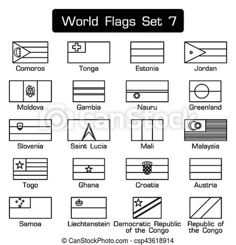 World Flags Set 7 Simple Style And Flat Design Thick Outline