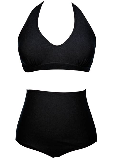big n bold solid black high waisted halter bikini swimsuit plus size bikini set plus size
