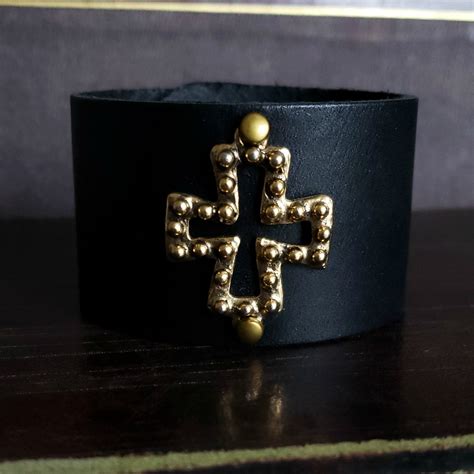 Black And Gold Studded Cross Wide Leather Cuff Bracelet In 2020