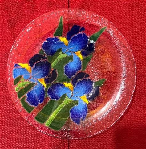 Peggy Karr Signed Fused Glass Bowl With Blue Iris Lily Etsy In 2022 Fused Glass Bowl Glass