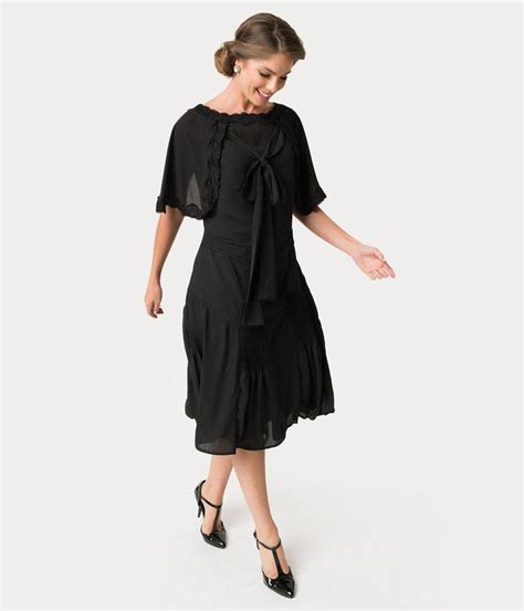 Unique Vintage 1930s Style Black Dewitt Day Flapper Dress