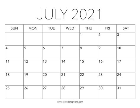 Printable July 2021 Calendar Calendar Options