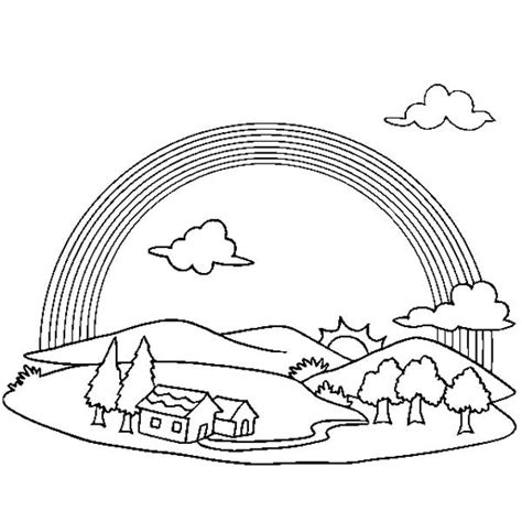 A Wonderful View Of Rainbow Over A Small Village Coloring Page - Download & Print Online