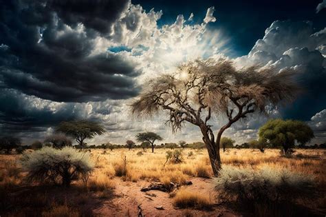 Sunrise Over The Savannah And Grass Fields In South Africa With Cloudy