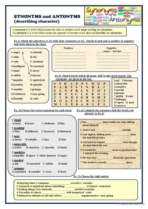 Synonyms And Antonyms Describing Ch English Esl Worksheets Pdf And Doc