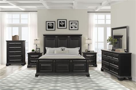 Renova Vintage Black Wood Bedroom Set Queen Panel Bed Dresser Mirror