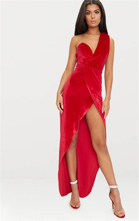 Red Velvet Wrap One Shoulder Extreme Split Maxi Dress